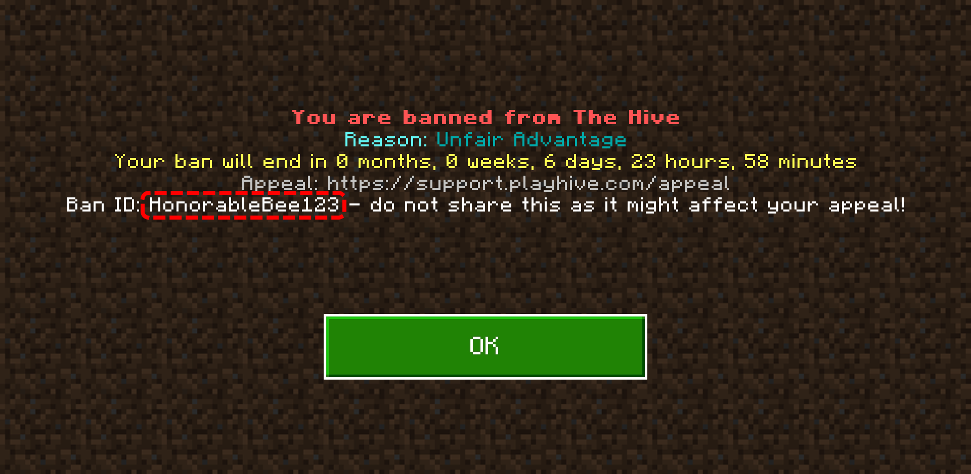 Ban screen showing the highlighted Ban ID