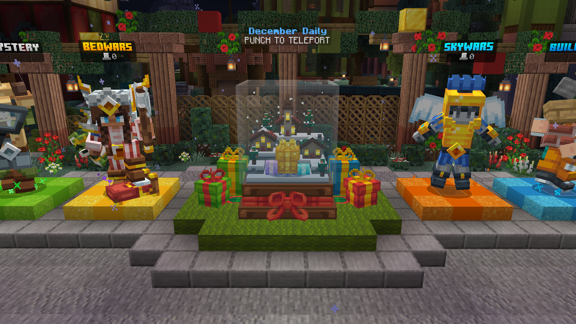 A screenshot of the Hive Hub, showing a snow globe that is located next to the game NPCs.